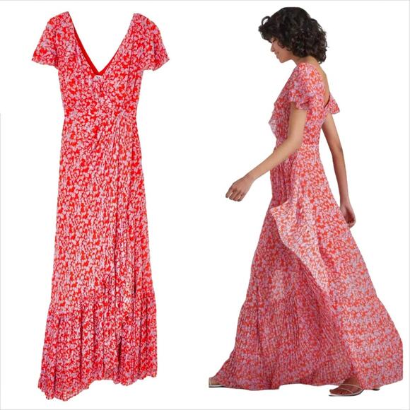 $795 TANYA TAYLOR NWT Designer Silk Boho Red Purple Floral Maxi Dress — Size 6 - Picture 15 of 15